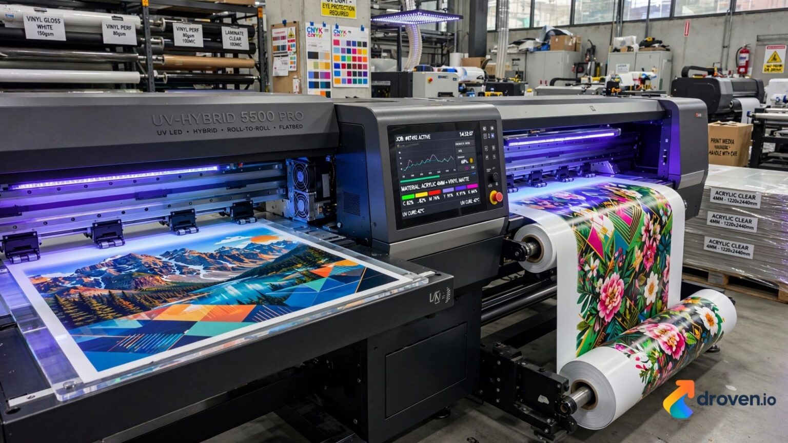 UV hybrid printer printing on rigid boards and flexible roll media for commercial digital printing solutions