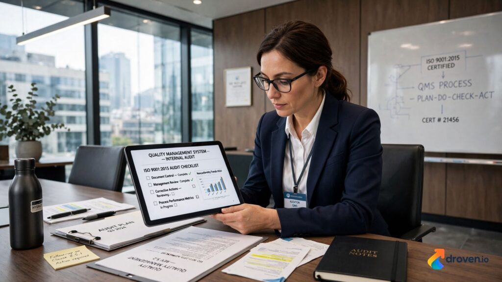 Auditor reviewing ISO 9001 lead auditor certification documents