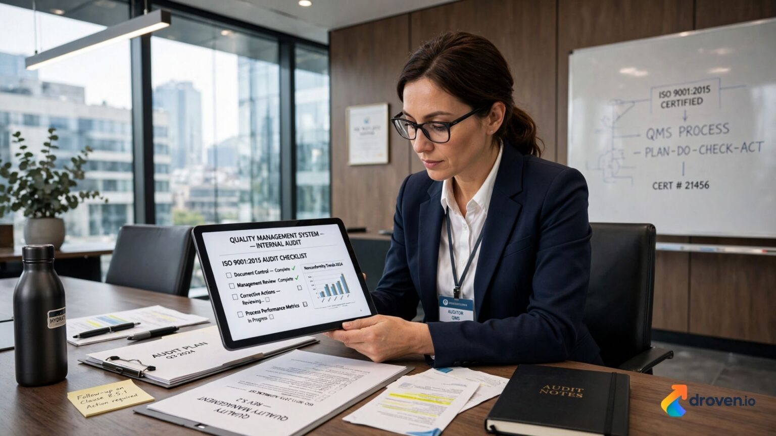 Auditor reviewing ISO 9001 lead auditor certification documents
