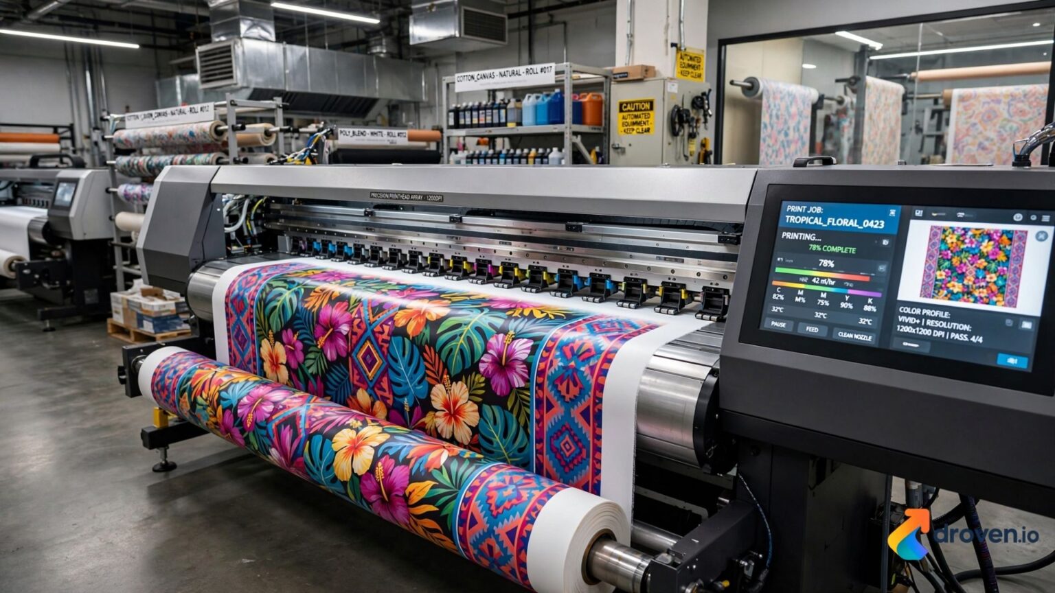 Direct to fabric printer printing colorful textile designs for fashion and commercial fabric production