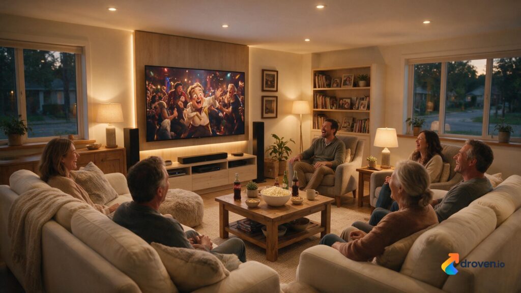 Friends watching comedy movies on streaming platforms in a cozy living room