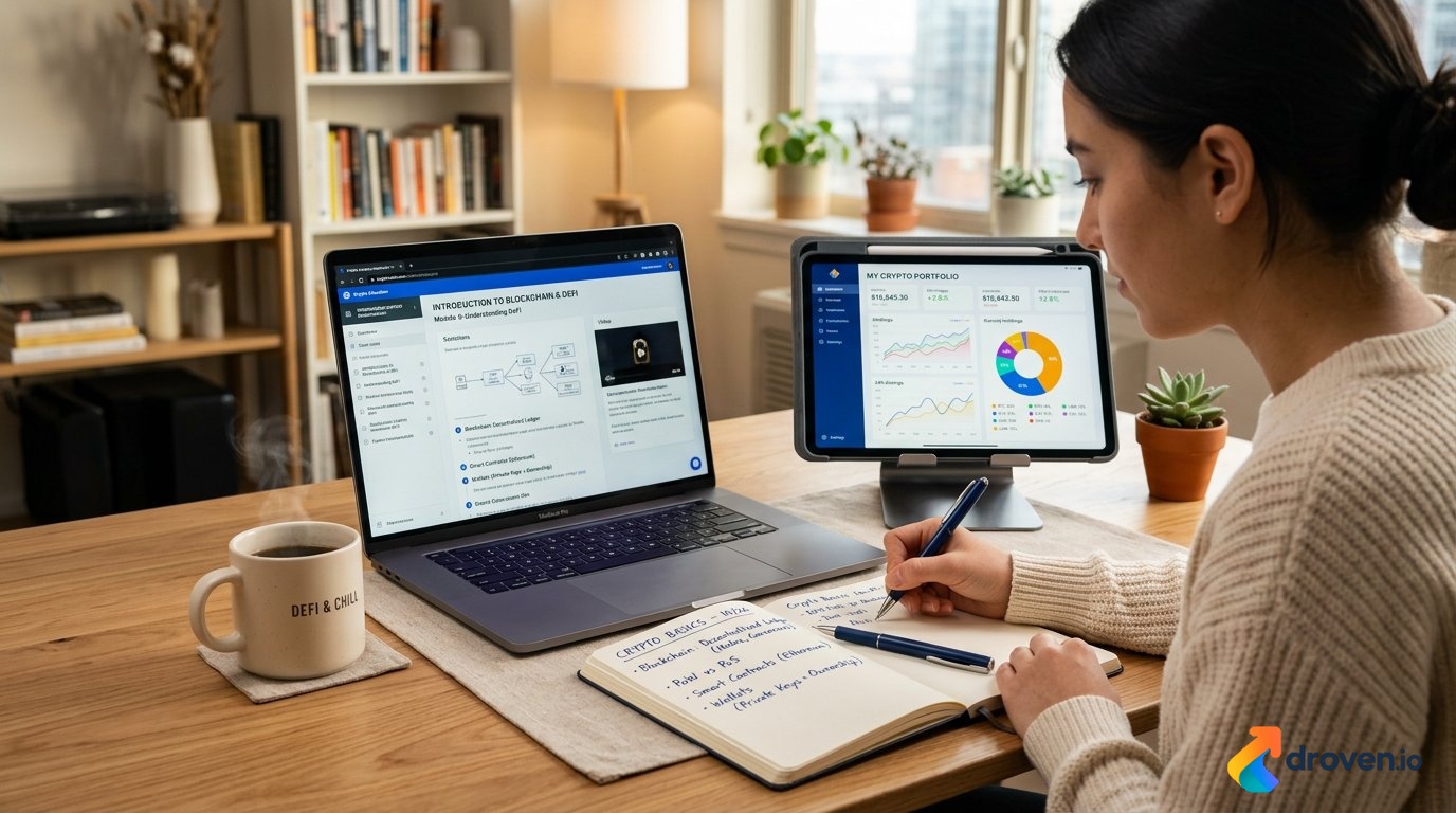 Coyyn Crypto 101 educational setup with laptop displaying cryptocurrency