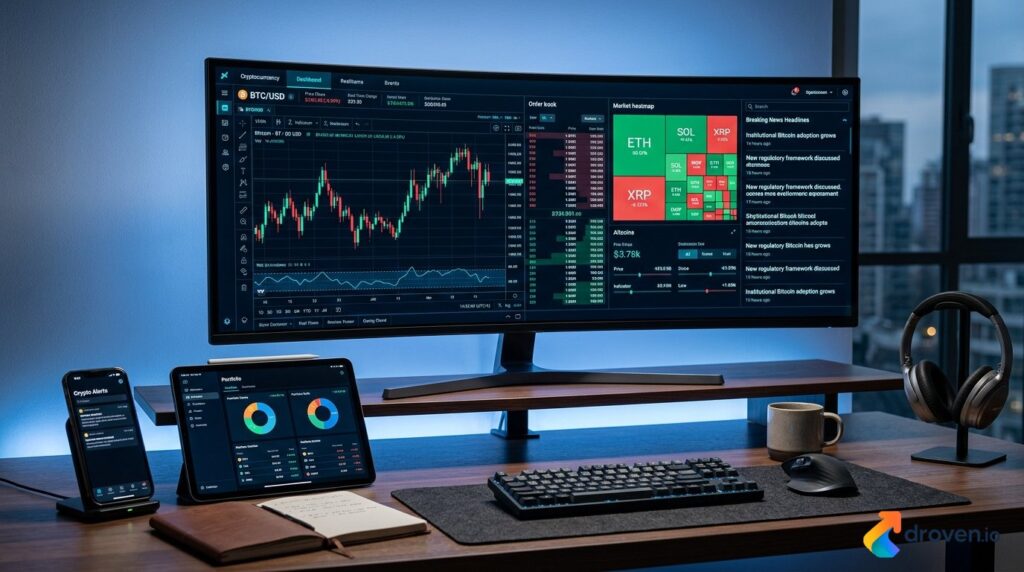 CryptoTicker crypto news platform dashboard showing live price charts