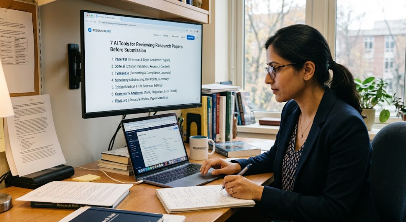 Infographic displaying 7 AI tools for reviewing research papers before submission