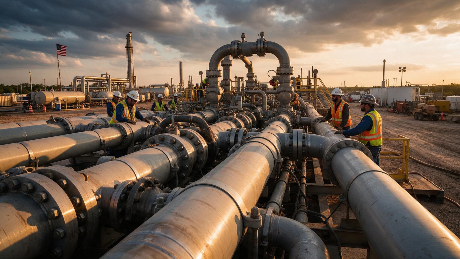 Engineers inspecting custom pipeline equipment at an oil and gas project site in the United States