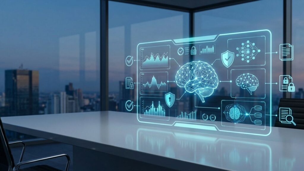 Create a professional, photorealistic featured image for a business and technology article titled **“AI Governance and Risk Management Programs.”** **Visual concept:** Illustrate how organizations govern artificial intelligence responsibly and manage AI-related risks. Show a modern corporate environment with a sophisticated digital AI network, a transparent holographic dashboard displaying abstract risk indicators, cybersecurity shields, data analytics, and connected neural-network patterns. Incorporate subtle visual elements representing compliance, accountability, data privacy, transparency, and responsible AI decision-making. **Composition:** Use a clean, balanced landscape composition. Position a glowing AI network and digital analytics interface toward the center-right, with subtle security and governance symbols integrated naturally into the scene. Leave sufficient negative space on the left for optional headline placement. **Color palette:** Deep navy blue, cool blue, white, and subtle cyan accents, creating a trustworthy, enterprise-grade technology aesthetic. **Visual style:** High-end corporate editorial photography blended with realistic 3D technology visualization. Professional lighting, crisp details, realistic reflections, refined digital interfaces, and a polished appearance suitable for a technology, cybersecurity, or business publication. **Technical requirements:** * Landscape orientation with a 16:9 aspect ratio. * Recommended resolution: 1200 × 675 pixels. * Suitable for a professional WordPress blog featured image. * No people required; if included, use a subtle, realistic corporate setting. * No company logos, watermarks, or brand names. * Avoid cluttered dashboards, excessive holograms, cartoon graphics, and exaggerated futuristic imagery. * Do not include text, random letters, or unreadable interface labels. * The final image should communicate AI oversight, risk prevention, regulatory compliance, and responsible innovation at a glance.