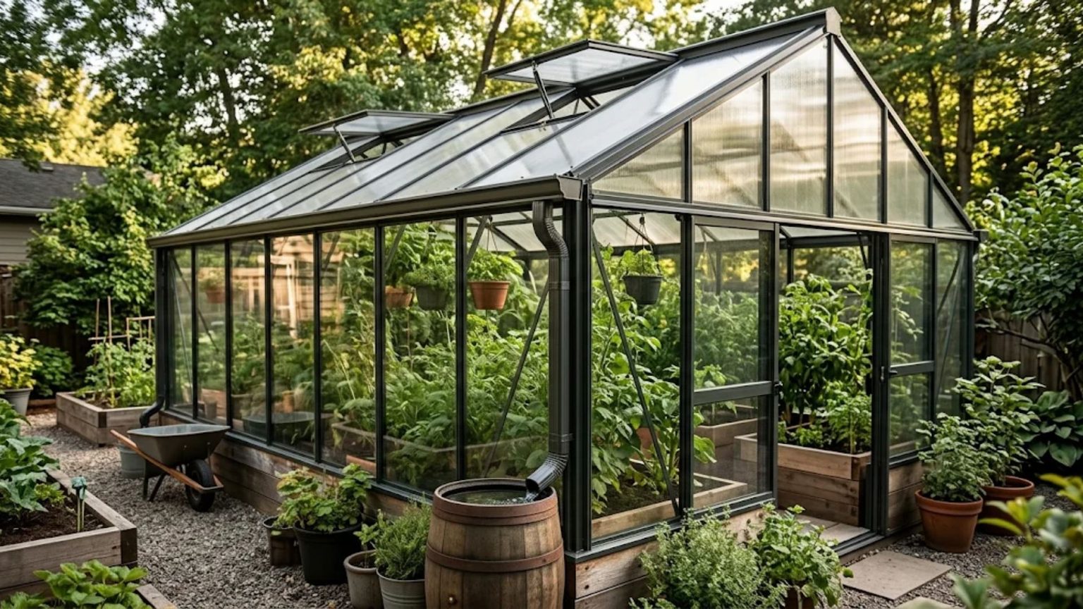 Backyard Greenhouse Gutters and Roof Vents