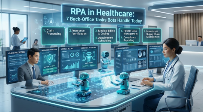 Robotic process automation in healthcare managing patient records, insurance verification, medical billing, and claims processing.
